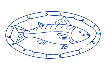 Illustration of a fish on a decorative plate in simplistic style with linear details