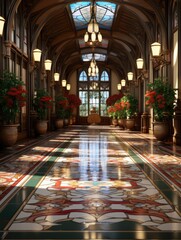 Ornate hallway with stained glass, potted plants, and hanging lights in a grand building interior