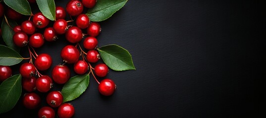 Fototapeta premium Close-up of vibrant red cranberries with green leaves on dark background symbolizing antioxidants and organic fruit health benefits 
