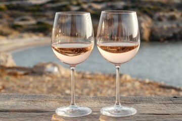 Elegant glasses of rose wine capture sunset reflections by seren