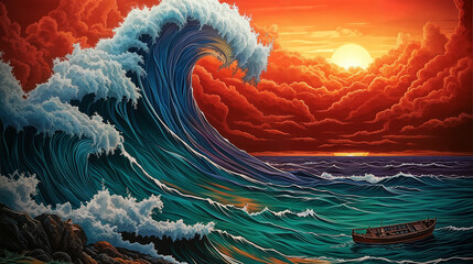The vast ocean, a canvas of deep blues and greens, is dominated by a towering wave.