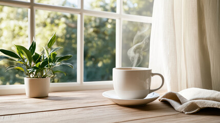 Serene scene of steaming teacup on wooden table near window, with plant nearby