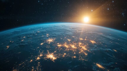 Obraz premium A futuristic city made of light, suspended in the atmosphere above the Earth