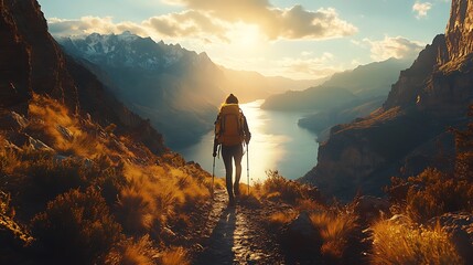 Backpacker walking rocky path images