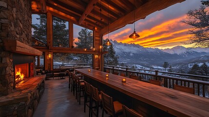 Beautiful sunset mountain lodge view images