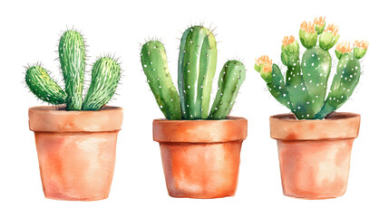 Vibrant Watercolor Cacti in Terracotta Pots Illustration