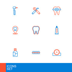 Set line Otolaryngological head reflector, Teeth with braces, Mouthwash, Tube of toothpaste, Dental clinic location, Tooth, and mirror and probe icon. Vector