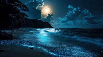 A bioluminescent beach glowing under the moonlight, looking like a dream