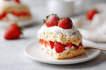 Delicious cake layered with fresh strawberries and whipped cream