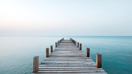 Fototapeta premium Serene wooden pier extends into tranquil blue waters under soft