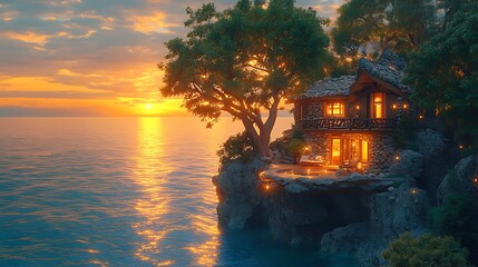 Charming cabin sunset cliff glow images