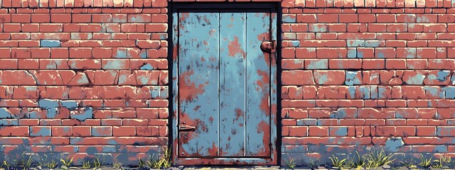 Old blue metal door in weathered red brick wall, urban background