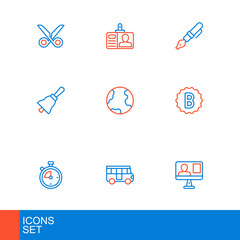 Set line Online class, School Bus, Stopwatch, Exam paper with incorrect answers, Ringing bell, Earth globe, Fountain pen nib and Identification badge icon. Vector