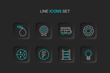 Fototapeta premium Set line Creative lamp light idea, Abacus, Exam paper with incorrect answers, Pie chart infographic, Gear, School Bus, Medal star and Pear icon. Vector