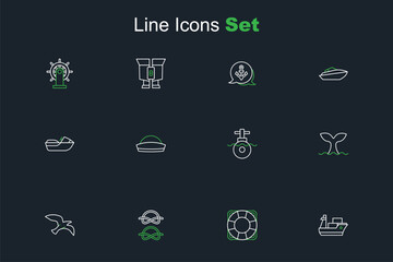 Set line Cargo ship, Lifebuoy, Nautical rope knots, Bird seagull, Whale tail, Submarine, Sailor hat and Jet ski icon. Vector