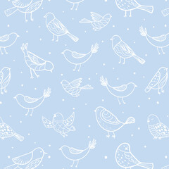 Colorful doodle bird seamless pattern. Collection of flat hand drawn birds. Cute background for textile print, wrapping paper, wall art design
