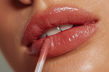 Naklejka premium Close-up of a woman's lips applying shiny lip gloss for a glamorous look.