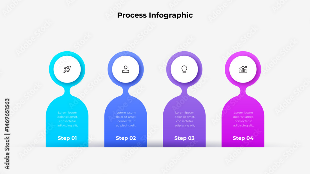 Poster Clean and modern infographic illustrating four sequential steps using bright colors and icons. Ideal for presentations, workflow explanations, and business visual content