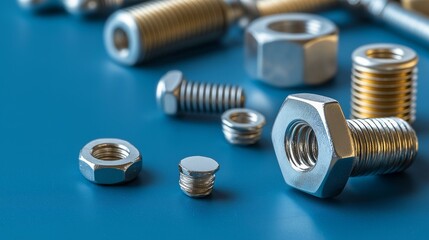 Close-up view of assorted metal nuts and bolts on a blue background.