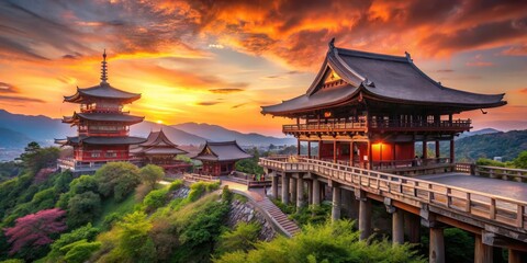 Ancient temple with wooden bridge and Torii gate against vibrant sunset colors at dusk, kyomizudera temple dusk, ancient architecture