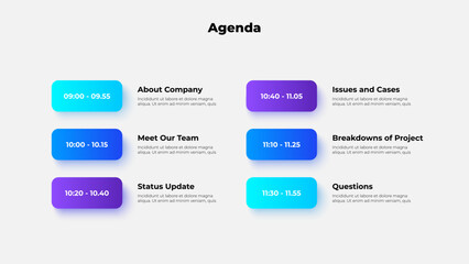 Agenda template with vibrant gradient boxes, featuring meeting topics and times. Perfect for corporate presentations, scheduling, and organizational purposes