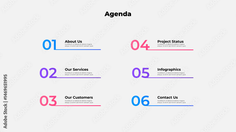 Poster Clean and modern agenda slide design with numbered sections. Ideal for professional presentations and business projects focusing on clarity and structure