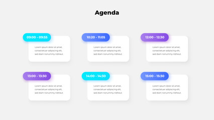 A clean, modern event agenda showing times and brief tasks, designed with vibrant gradient colors for businesses, conferences, or planning purposes