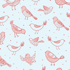 Colorful doodle bird seamless pattern. Collection of flat hand drawn birds. Cute background for textile print, wrapping paper, wall art design
