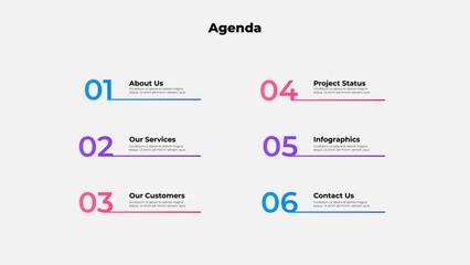Clean and modern agenda slide design with numbered sections. Ideal for professional presentations and business projects focusing on clarity and structure