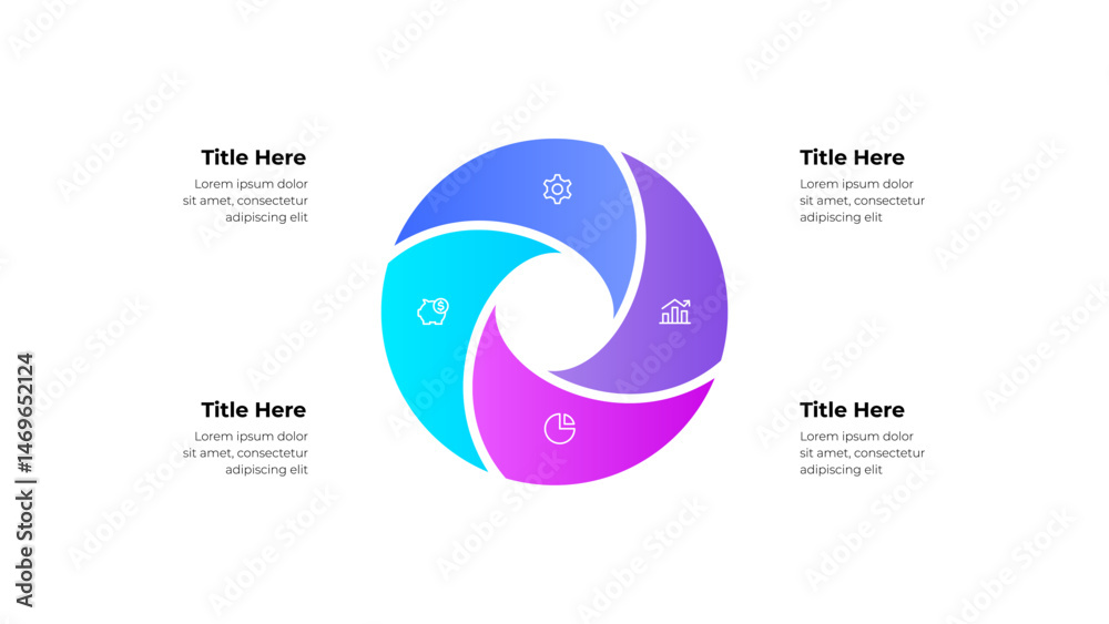 Poster Colorful Circular Diagram with Icons for Business and Workflow Visualization. Infographic with 4 steps, option or processes