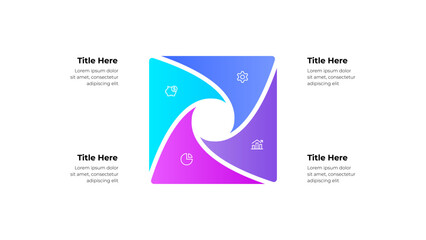 Colorful Spiral Cycle Infographic Diagram with 4 Sections and Business Icons. Modern Gradient Flow Chart Template for Presentation, Report, Strategy, Marketing or Finance Visualization