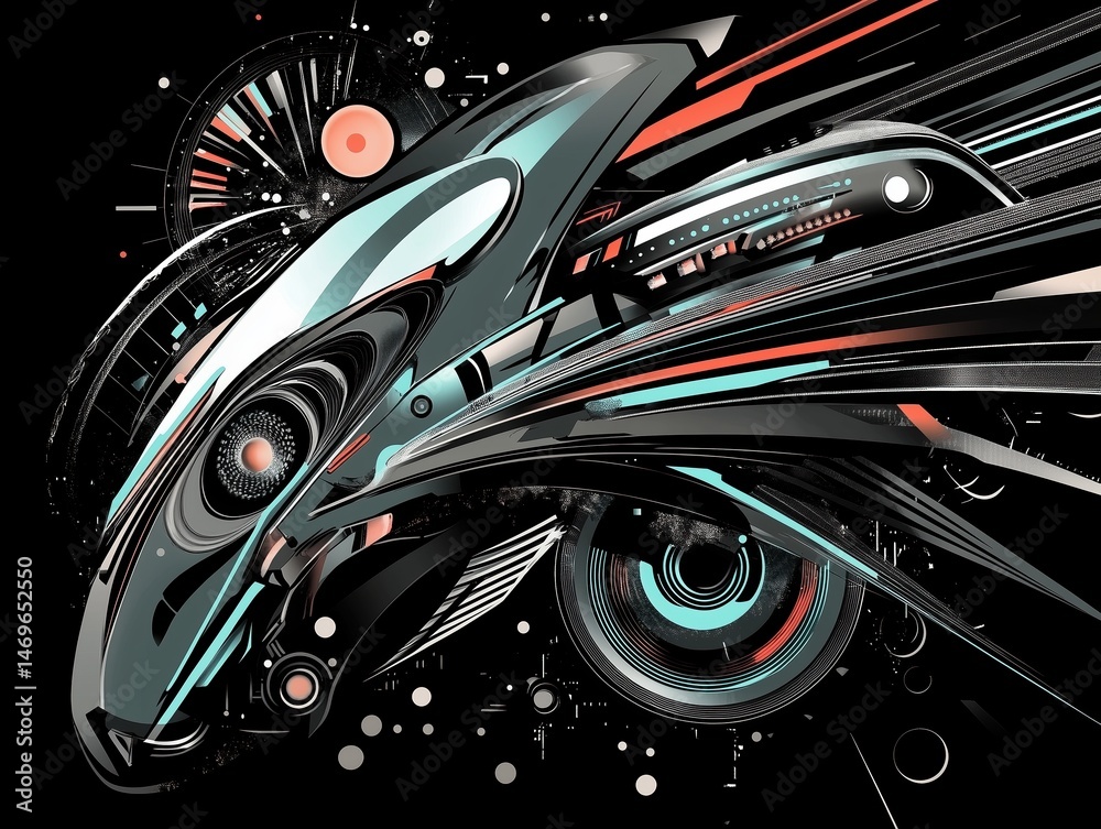 Wall mural dynamic abstract futuristic design with sweeping lines, geometric forms, and glowing tech elements. 