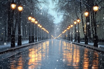 Obraz premium Snowy urban street glowing with warm streetlights in a peaceful winter evening scene