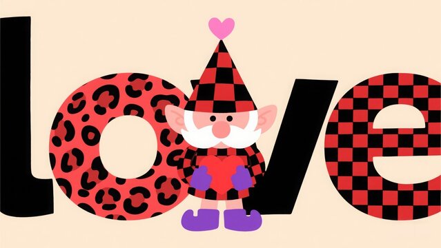 Vector illustration in a simple flat design for a Valentine's Day theme. Features a gnome wearing a red and black checkered hat with a heart on it. The background is leopard print, and the text "love"