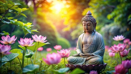 Serene Buddha statue surrounded by lush greenery and vibrant lotus flowers in a beautiful garden setting, calm, greenery, calm,greenery
