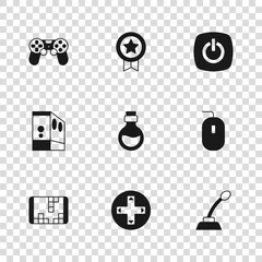 Fototapeta premium Set Game controller or joystick, Computer mouse, Microphone, Bottle with magic elixir, Power button, rating medal and Case of computer icon. Vector