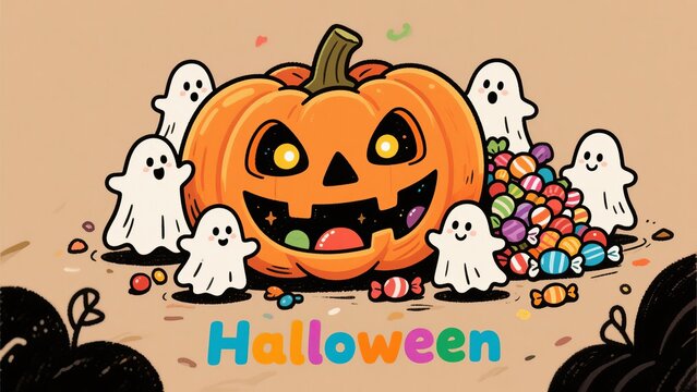 Cute cartoon illustration featuring small pumpkins, ghosts, and candies surrounding the text "Halloween". Set against a light orange background adorned with colorful decorations, this simple yet charm