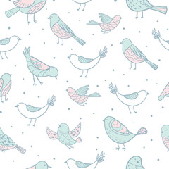 Colorful doodle bird seamless pattern. Collection of flat hand drawn birds. Cute background for textile print, wrapping paper, wall art design
