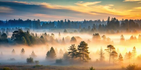 Serene forest at dawn with misty fog and trees in the background, misty, peaceful, misty