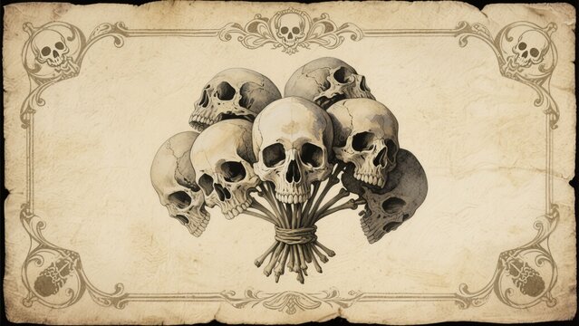 Vintage-style illustration showcasing skulls arranged in the shape of a bouquet, set against an old parchment background with ornate borders. The artwork, reminiscent of classic fantasy art, features 