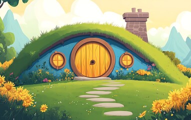 Fantasy hobbit house, lush landscape, serene scene, perfect for children's books or games, background for illustrations