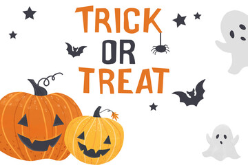 Vector flat color illustration featuring cute and simple cartoon Halloween pumpkins and ghosts with the text "Enjoy trick or treat" on a white background. This charming design is perfect for Halloween