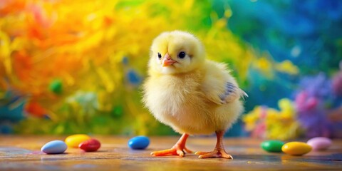 A small fluffy yellow chick stands beside a vibrant colorful palette with bright hues and diverse textures, creative space, child's room