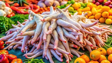 Fresh chicken feet on display at a market stall with colorful produce , food, feet,  food, feet