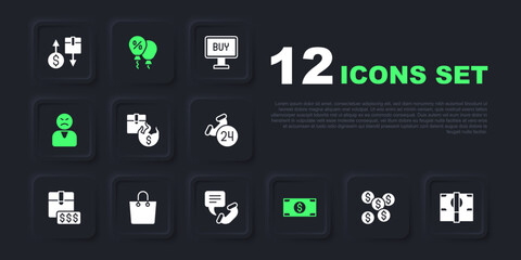 Set Dollar symbol, Stacks paper money cash, Hot price, Angry customer, Paper shopping bag, Discount percent tag and Telephone 24 hours support icon. Vector