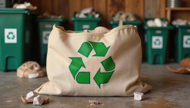 Eco friendly canvas tote bag recycling symbol sustainable lifestyle choice earth conscious reduce reuse recycle