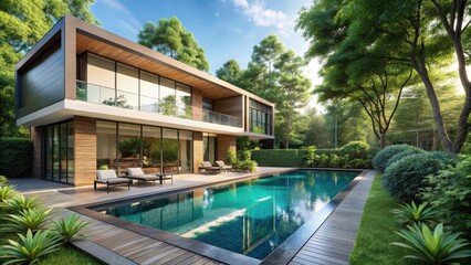 Fototapeta premium A modern house with a large pool surrounded by lush greenery and tall trees, trees, foliage, trees