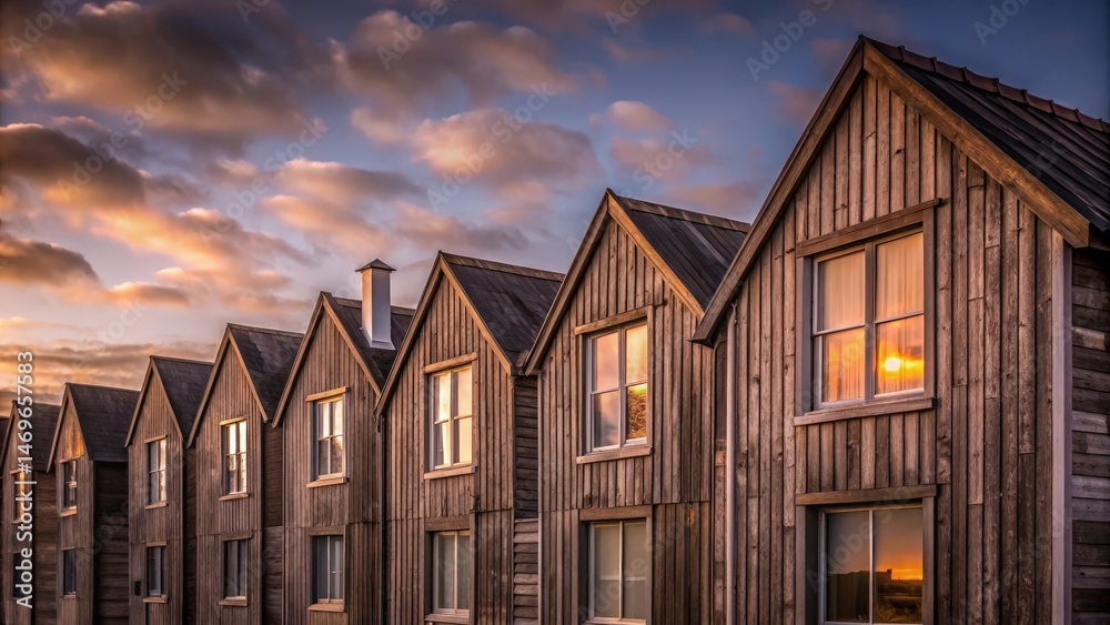 Poster A row of rustic wooden houses with windows reflecting the setting sun against a backdrop of dramatic clouds.