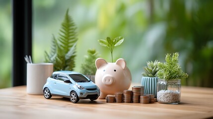 Small blue car, piggy bank, and plants on a wooden table.  Saving for a car