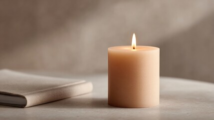 image of serene tabletop with single lit candle closed journal and pen resting beside it